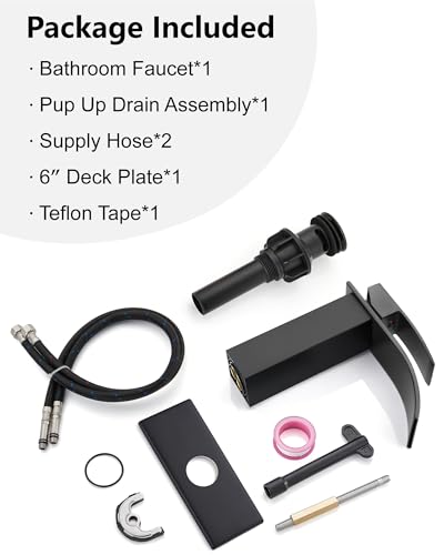 Midanya Waterfall Bathroom Faucet 1 Hole,Matte Black | with 24” Hoses,Pop Up Drain,6” Deck Plate,for 1 or 3 Hole Vanity,Lavatory,RV,Single Handle Bathroom Sink Faucet,NSF Certified - color: Black