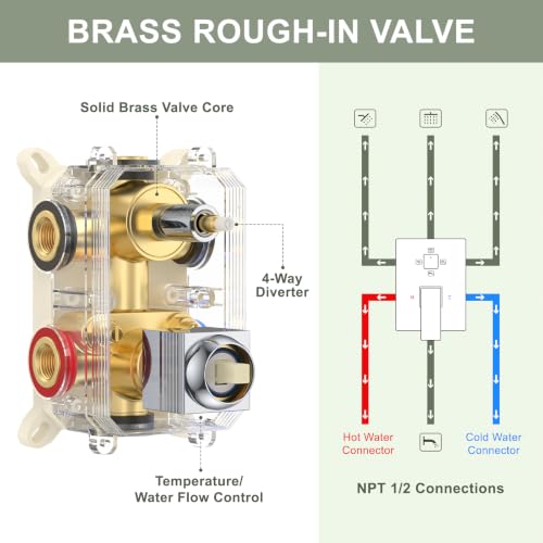 Rain Shower System with Rough-in Valve, Wall Mount Shower Faucet Set with 12" & 6" Dual Rain Shower Heads, 2-in-1 Handheld Shower, Tub Spout, 4-Function Complete Shower Fixture, Chrome - color: Chrome, size: Wall Mount-12"+6" head with Tub Spout & Handhel