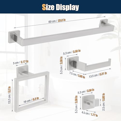 10 Pcs Silver Bathroom Hardware Accessories Set 23.6 Inch Wall Mounted | Bath Towel Bar Kit with Square Towel Racks Ring and Towel Hooks, Paper Holder, 304 Stainless Steel - color: Silver