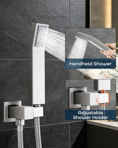 Rain Shower Faucet Set, 10" Top + 6" Side Head, Brushed Nickel | 3-head set w/ valve, SUS304 anti-freeze, 6 spray modes, self-clean nozzles - color: Brush Nickel, style: 10''-Ceiling Mount+6" Shower Head
