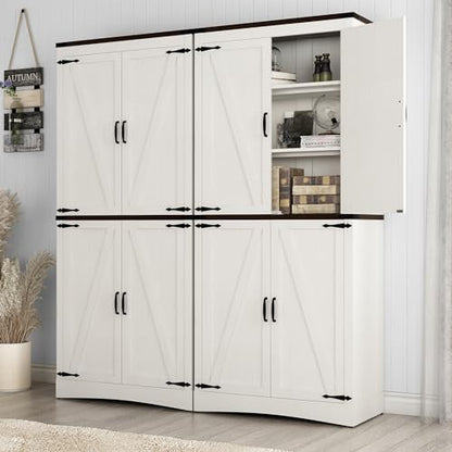 Hlivelood 71" Tall Kitchen Pantry,Farmhouse Storage Cabinet with Adjustable Shelves,Load-Bearing Steel Pipe,Farmhouse Pantry Cabinet with 4 Barn Doors,for Kitchen,Dining Room,Living Room(Rustic White) - color: Rustic White