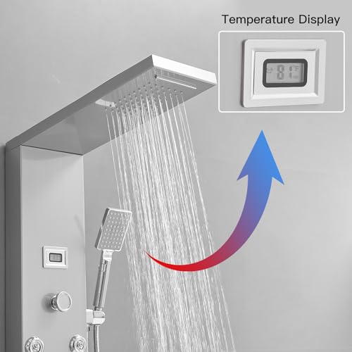 BWE Shower Panel Tower System with Rainfall Waterfall Head | Adjustable Massage Body Jets, Temperature Display Wall Mount Shower Column, Stainless Steel Brushed Nickel and Chrome