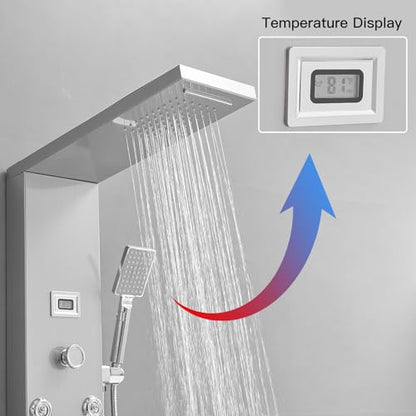 BWE Shower Panel Tower System with Rainfall Waterfall Head | Adjustable Massage Body Jets, Temperature Display Wall Mount Shower Column, Stainless Steel Brushed Nickel and Chrome