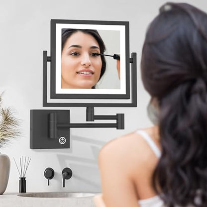 Direct Wire Makeup Magnifying Mirror Wall Mounted, 8 Inch Double Sided 1X/3X Magnification, Touch Dimmable, Brass 360 Swing Extension Arm, Square Frame, Brighter 7W LED Light, Matte Black - color: Matt Black
