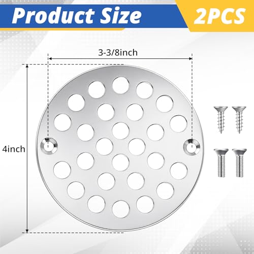 2pcs 4 Inch Round Screw-in Shower Drain Cover Replacement Easy-to-Install Floor Drain Grate with Screws Brushed Nickel (Bright Silver) - color: Chrome