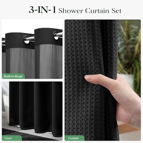 Black Hook Free Waffle Shower Curtain & Snap-in Fabric Liner,72x87 | Less Time to install, 3 in 1 Fabric Shower Curtain and Liner Set with Magnets, Extra Long, Shower Curtains for Bathroom - color: A Black, size: 72"W x 87"L (Pack of 1)