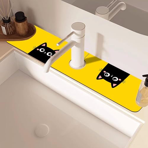 Cute Black Cat Head Kitchen Sink Splash Guard Mat Absorbent Fast Drying Mat Faucet Draining Mat Sink Splash Guard Behind Faucet Drip Catcher for Kitchen Bathroom 5.5"×24" - size: 24" x 24"