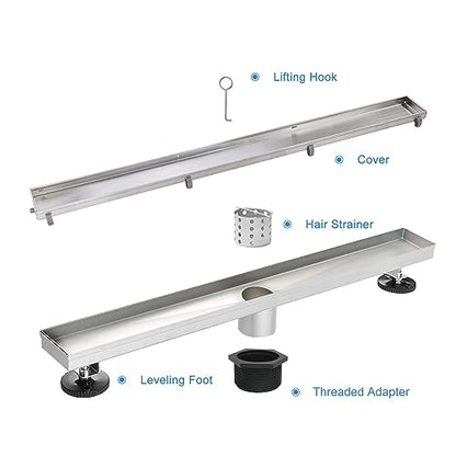 40"Linear Shower Drain Brushed Silver Drain with Tile Insert Grate | AISI 304 Stainless Steel Fast Drainage Rectangle Hidden Shower Trench,Detachable Hair Catcher Easy to install,Leveling Feet - color: Stainless Steel, size: 40 Inch (No Base)