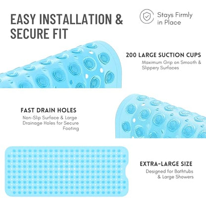 Bathtub Mat Non-Slip – 39" x 15.5" Extra Long Shower Mat with Suction Cups, BPA Free & Machine Washable, Textured Bath Mat for Tub, Ideal for Kids, Seniors & Pregnant Women, Clear Blue - color: Light Blue
