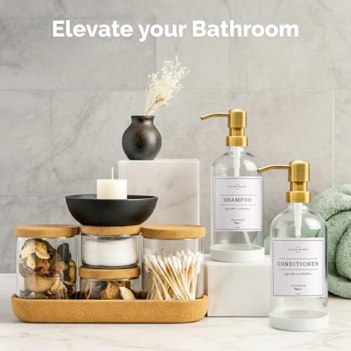 Vine Creations Glass Soap Dispenser, 2 Pack Kitchen Soap Dispenser Set with Stainless Steel Pump, 16 oz Dish Soap and Hand Soap Dispensers for Bathroom with Waterproof Labels (Clear) - color: Clear Bottle / Gold Pump