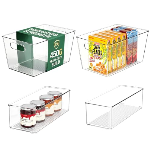 Set of 4 Pantry Organizers and Storage, Clear Plastic Bins(2L+2S) | BPA-free PETG storage containers with handles, Ideal for kitchen, fridge, bathroom, cabinet, office, and garage organization - size: 2 Large & 2 Small