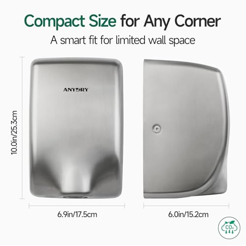 anydry Compact Hand Dryer for Bathrooms, Brushed Stainless Steel Finish | Ideal for Commercial or Home Use, High-Speed Airflow, Fast Drying, AC 100–130 V~, Smart Warm Wind, Easy Hardware Wiring - color: Brushed Stainless Steel