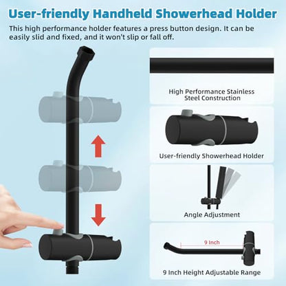 Hibbent Shower Slide Bar with Handheld Shower Head Holder, Stainless Steel Shower Arm Extension Sliding Bar, Height & Angle Adjustment Showerhead Holder, Matte Black - color: Matte Black