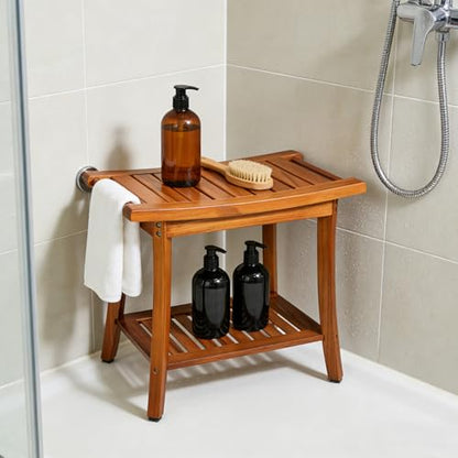 Utoplike Teak Shower Bench Seat with Handles, Bath Chair Stool for Inside | Portable Wood Spa Chair With Towel, Storage Shelf, 22" x 13" x 18.6", for Outdoor Bathroom Use - size: Large