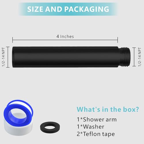 Shower Extension Arm, Solid Stainless Steel Shower Pipe Extension with Teflon Tape and Washer, For Lowering or Extending Showerhead (4 Inch, Matte Black) - color: Matte Black, style: 4 Inch