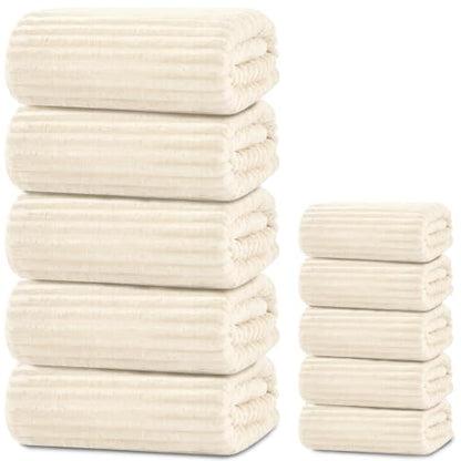 Extra Large Bath Towel Set 10 Piece, XL Bath Towels 35"x67" Oversized Bath Sheets, 280 GSM Microfiber Quick Dry Absorbent Towels, 5 Bath Sheets & 5 Hand Towels (Cream) - color: Cream, size: Bath towel 35" x 67"+hand towel 30"x13"