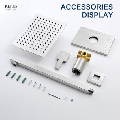 KENES Brushed Nickel 10-Inch Shower Head and Handle Set, Square Shower Faucet Set Bathroom Rainfall Shower System Wall Mount, KE-6024B (Shower Valve Included) - color: Brushed Nickel, style: Shower Faucet Set