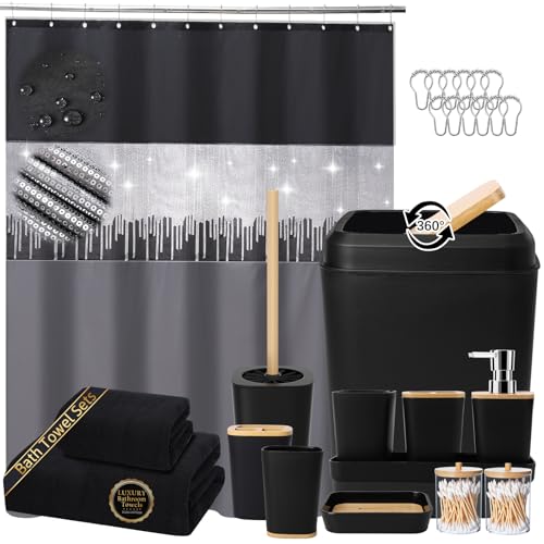 XLHOMO Black Bathroom Accessories with Glitter Shower Curtain,Towel Set 24 PCS Bathroom Set with Shower Curtain Set Bathroom Set Black Shower Curtain with Bathroom Trash Can - size: Bath Set+Shower Curtain, style: Black