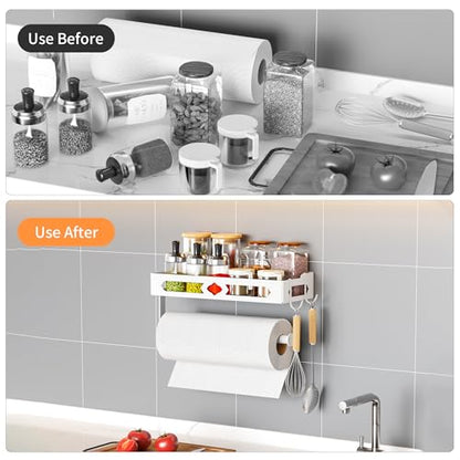 Wall Mount Paper Towel Holder with Shelf for Bathroom, Kitchen,White 2Hooks | Metal Spice Rack, Easy One-Hand Tear Design Mounted Hanging Hand Paper Towel Roll Holder for RV, Home(Self Adhesive or Drill) - color: White