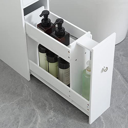 HOMCOM Bathroom Floor Organizer Free Standing Narrow Storage Cabinet White | Wooden, Space Saving, Bath Toilet Paper Holder, with Drawers