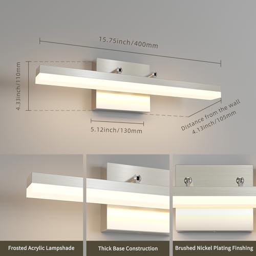 Brushed Nickel Vanity Lights - Dimmable 5CCT Bathroom Lighting Fixtures Over Mirror, Adjustable Angle Wall Light, 15.75" Long 12W LED Bar Light - size: 15.75inch Long