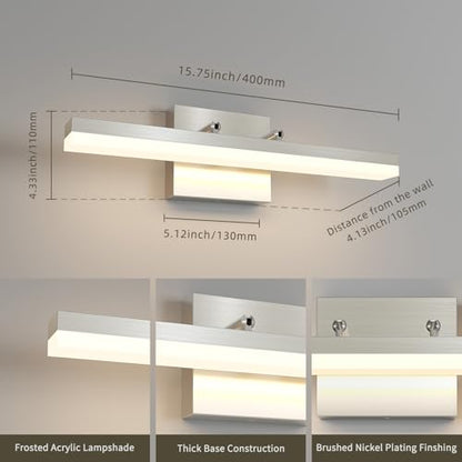 Brushed Nickel Vanity Lights - Dimmable 5CCT Bathroom Lighting Fixtures Over Mirror, Adjustable Angle Wall Light, 15.75" Long 12W LED Bar Light - size: 15.75inch Long