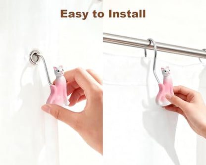 Pink Cat Shower Curtain Hooks Set of 12, Hand-Painted Resin Cat Shower Hooks with Rust-Resistant Metal Rings, Cute Bathroom Accessories - color: Pink