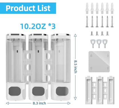 VITVITI Shampoo and Conditioner Dispenser for Shower Wall, Shower Soap Dispenser 3 Chamber No Drill Wall Mounted, 10.2 OZ Plastic Refillable Shower/Body Wash Bottles for Bathroom (White) - color: White