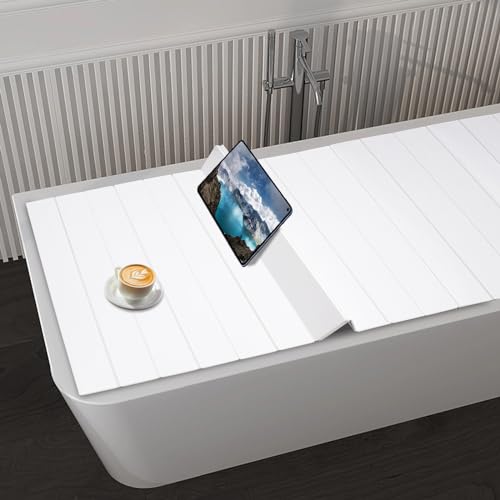 71x32in Bath Lid Cover Bathtub Tray, Foldable Bathtub Cover Bath Insulation Cover, PVC Dustproof Shutter Bath Lid fit Most Tubs, Can Hold Wine Glass, Books, Tablets, Cellphones - color: White, size: 71x31.5in