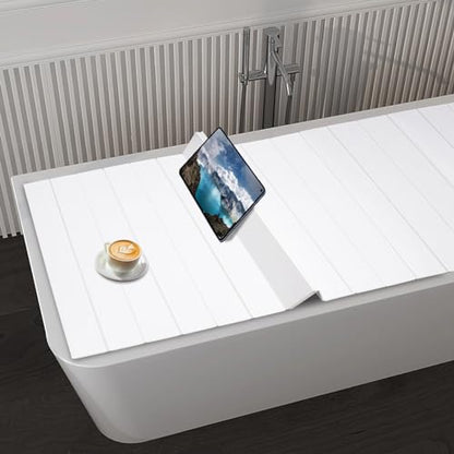 71x32in Bath Lid Cover Bathtub Tray, Foldable Bathtub Cover Bath Insulation Cover, PVC Dustproof Shutter Bath Lid fit Most Tubs, Can Hold Wine Glass, Books, Tablets, Cellphones - color: White, size: 71x31.5in