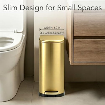 ELPHECO Bathroom Trash Can with Lid 3.5Gal Stainless Steel Step Garbage Can | 13.5 Litre Stainless Steel Pedel Garbage Can with Removable Inner Bucket, Wastebasket for Bathroom, Office, Bedroom, Gold - color: Gold