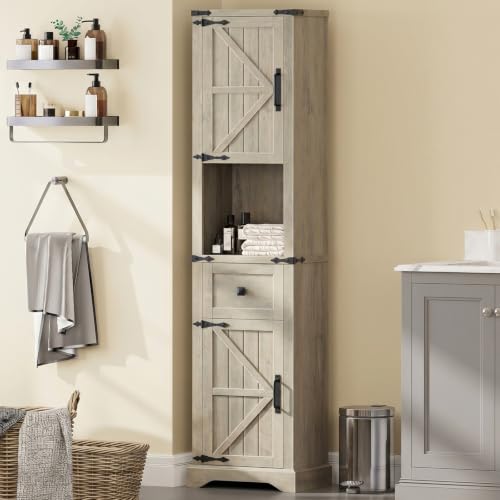 Vabches 66" Tall Farmhouse Bathroom Storage Cabinet with Barn Door,Grey Oak | Narrow Storage Unit with Drawer, Adjustable Shelves & 5-Tier Space, Freestanding Cabinet for Bathroom, Entryway, Kitchen - color: Grey Oak