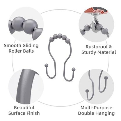 Bathway Shower Curtain Hooks, Shower Curtain Rings Rust Proof Double Hook Shower Curtain Hooks, 12 Pcs Grey Shower Hooks for Shower Curtain, Shower Rings for Curtain, Metal Shower Rod Hooks - color: Grey