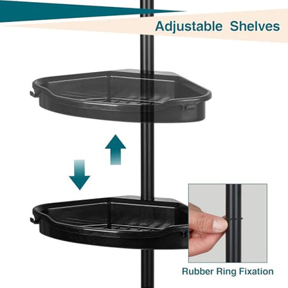 Corner Shower Caddy Tension Pole, 101.6''-122'', 4 Tier Shower Shelf, Rust Proof No Drilling Bathroom Organizer with Adjustable Trays, Plastic Bathtub Shelves Shamboo Holder, Black