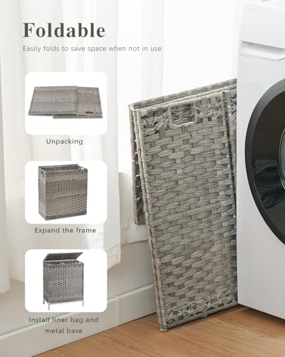 SETVSON Laundry Hamper with Lid, 112 L Handwoven PE Rattan Wicker, Gray | 2-Section Large Basket, 2 Removable Liner Bags, Heightened Metal Feet, 6 Mesh Laundry Bags, Foldable Side Handles - color: Gray, size: 112 L - 29.6 gal