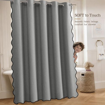 Furlinic Grey Shower Curtain Scalloped Waterproof No Hook 72x72 Farmhouse | Fabric Linen 72 Inch Heavy Duty Weighted Neutral Cute Modern Hotel Washable Elegant with Black Border Walk In Bath Curtains - color: Pebble Gray, size: 72"W x 72"L (Pack of 1)