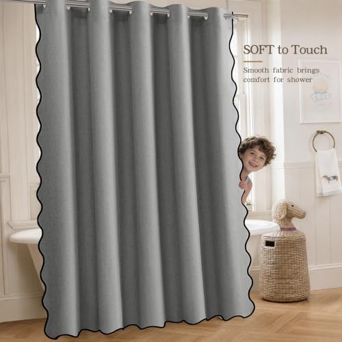Furlinic Grey Scalloped Shower Curtain No Hook 84 Inch Long Fabric Modern | Linen Waterproof Farmhouse Bathroom Curtains 72x84 Luxury Weighted Tall Neutral Hotel Cute Heavy Duty Chic Washable Cloth Spa - color: Pebble Gray, size: 72"W x 84"L (Pack of 1)