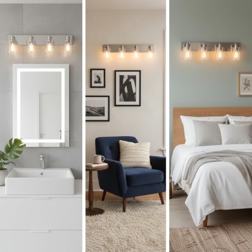 4-Light Brushed Nickel Bathroom Vanity Lights, Clear Glass | Brushed Nickel Metal Frame,Up/Down Wall Mount,cylinder Glass Shade,Kitchen Hallway Bedroom Indoor Use,Easy Install,E26 Base - size: 4-light