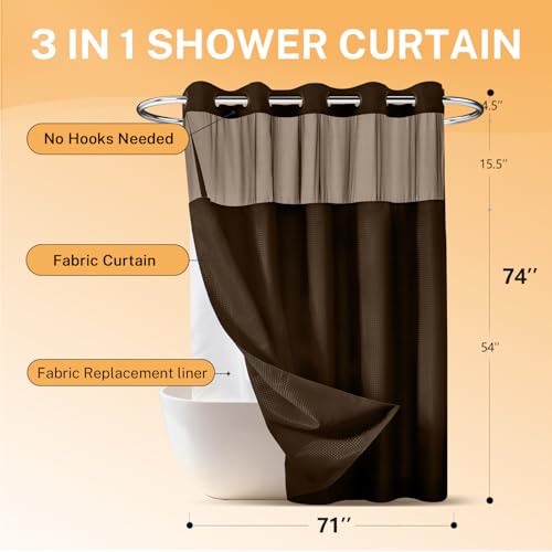 River Dream No Hooks Shower Curtain with 2 Snap in Liner, Brown, 71Wx74H | Waffle Weave, 1 Attached Snap in Liner and 1 Extra Replacement Liner, Bathroom Curtains Shower Set, Hotel Grade, Spa Like - color: Brown
