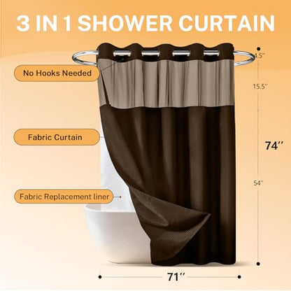 River Dream No Hooks Shower Curtain with 2 Snap in Liner, Brown, 71Wx74H | Waffle Weave, 1 Attached Snap in Liner and 1 Extra Replacement Liner, Bathroom Curtains Shower Set, Hotel Grade, Spa Like - color: Brown