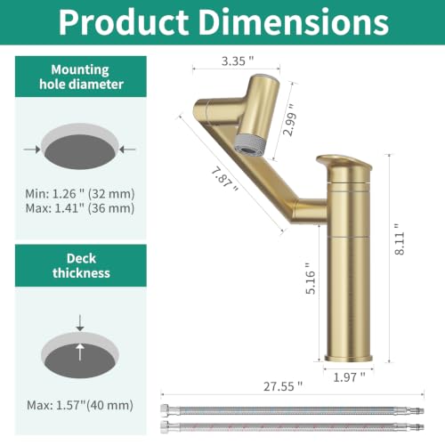 Bathroom Faucet 1 Hole with Temperature Display, Brushed Gold | Batteries-Free, 1080° Rotatable Single Hole Bathroom Faucet, Single Handle Bathroom Vanity Faucets, 2 Spray Modes - color: Brushed Gold