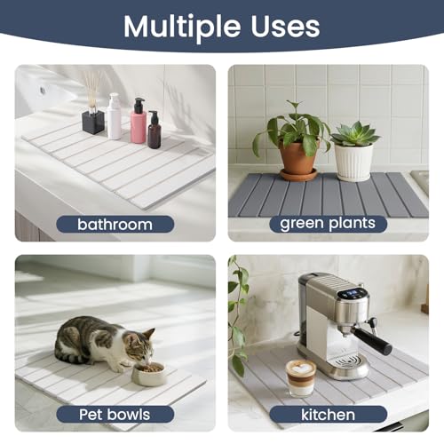 Meowoo Stone Drying Mat for Kitchen Counter, 23.6"x15.3" Foldable Diatomaceous Earth Mat, Super Absorbent, Quick-Dry Bath & Kitchen Pad for Dishes, Cups, Non-Slip, Fits Any Countertop - Dark Gray - size: 23.6" x 15.3"