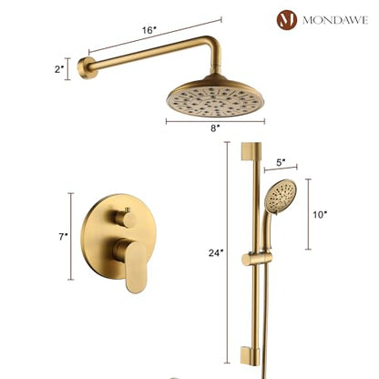 MONDAWE 8 Inch Wall Mounted Shower Faucet Set in Brushed Gold, Rainfall Shower Head with 3-Setting Handheld Spray Shower Set Combo, High Pressure Shower System with Solid Brass Valve - color: Brushed Gold, style: 8 IN - Without Tub Spout