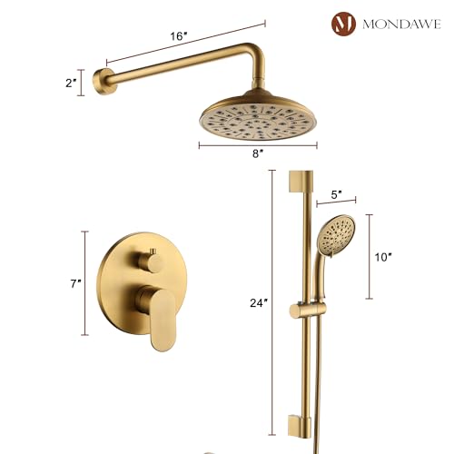 MONDAWE 8 Inch Wall Mounted Shower Faucet Set in Brushed Gold, Rainfall Shower Head with 3-Setting Handheld Spray Shower Set Combo, High Pressure Shower System with Solid Brass Valve - color: Brushed Gold, style: 8 IN - Without Tub Spout