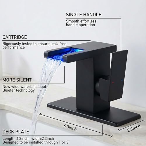 AVSIILE LED Bathroom Sink Faucet, Matte Black Waterfall Single Hole Handle Vanity Faucets for Sinks 1 Hole with Metal Pop Up Drain and 2 Water Supply Lines, Side Handle - color: Matte Black