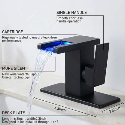 AVSIILE LED Bathroom Sink Faucet, Matte Black Waterfall Single Hole Handle Vanity Faucets for Sinks 1 Hole with Metal Pop Up Drain and 2 Water Supply Lines, Side Handle - color: Matte Black