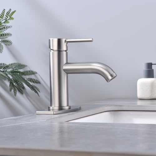 Single Handle Bathroom Faucet with Metal Drain Assembly and Escutcheon, Brushed Nickel - color: Brushed Nickel