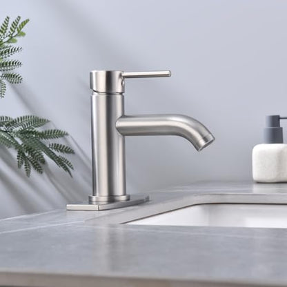Single Handle Bathroom Faucet with Metal Drain Assembly and Escutcheon, Brushed Nickel - color: Brushed Nickel