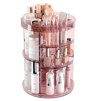 Jiavarry 360 Rotating Makeup Organizer with DIY 8 Adjustable Height, Pink | Lipstick Slots, Spinning Skincare, Brush and Perfume Storage, for Vanity Bathroom Countertop - color: Slot Top Pink