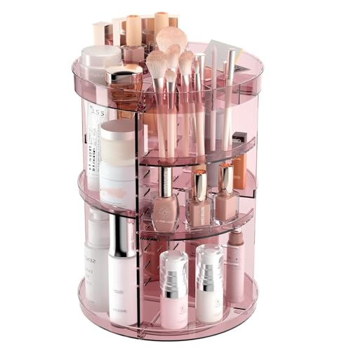 Jiavarry 360 Rotating Makeup Organizer with DIY 8 Adjustable Height, Pink | Lipstick Slots, Spinning Skincare, Brush and Perfume Storage, for Vanity Bathroom Countertop - color: Slot Top Pink